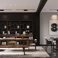 Modern Tea Room Interior With Wooden Shelves And Long Table