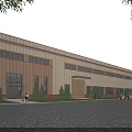 Modern Industrial Factory Building Exterior Featuring Large Windows People And Small Trees Around