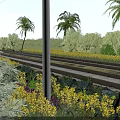 Railway Tracks Infrastructure with Palm Trees Green Shrubs and Yellow Flowers