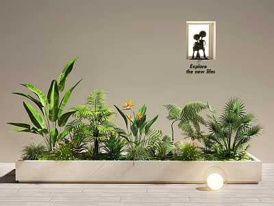 Lush Tropical Plant Combination with Various Ferns and Yellow Flowers in White Rectangular Planter 3d model