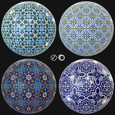 Decorative Spherical Components With Colorful Geometric Floral Tile Patterns In Blue Green Red 3d model