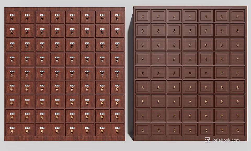 Traditional Wooden Chinese Medicine Cabinets With Multiple Drawers And Brass Handles 3d model 