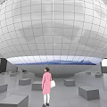 Modern Spherical Cinema Interior With Large Screen City View Smooth Floor And Ceiling Lights