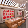 Modern Retail Store Interior Layout With Shelves Red Decorations And Product Boxes 3d model