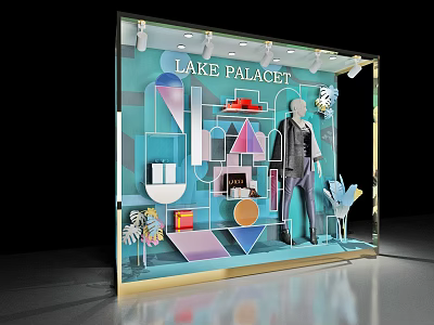Lake Palace Window Display Featuring Mannequin In Suit With Geometric Decorations And Colorful Elements 3d model