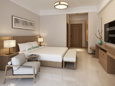 Hotel Guest Room Featuring Large Bed Wooden Furniture Table Lamps TV Cabinet And Decorative Painting 3d model