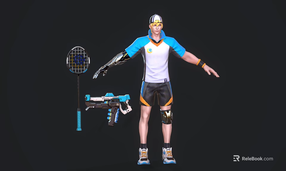 Game Movie Character With Mechanical Arm Blue White Shirt Black Shorts Badminton Racket Gun Cap 3d model 
