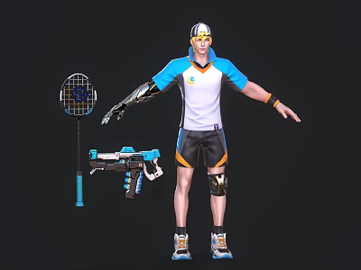 Game Movie Character With Mechanical Arm Blue White Shirt Black Shorts Badminton Racket Gun Cap 3d model