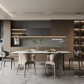 Elegant Modern Restaurant Kitchen Interior With Marble Island Dining Table And Wooden Cabinets