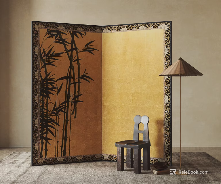 Traditional Folding Screen With Bamboo Pattern And Decorative Border In Interior 3d model