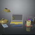 Modern Office Desk Setup With Gold Desk Lamp Silver Laptop Calculator And Blue Pen