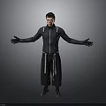 Male in Black Hooded Jacket With Gloves Standing Arms Outstretched Gray Background
