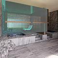 Tranquil SPA Sauna Interior With Stone Walls Wooden Partitions Round Tables And White Chairs