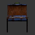 Rustic Metal Stand Grill with Blue Lid Green Handle Interior Glowing Grid and Legs