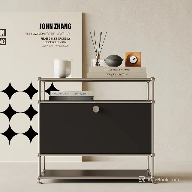 Modern Nightstand With Metal Frame Black Drawer White Candle Books And Wooden Clock 3d model 