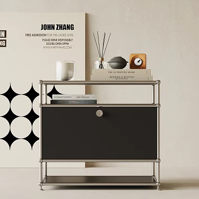 Modern Nightstand With Metal Frame Black Drawer White Candle Books And Wooden Clock 3d model