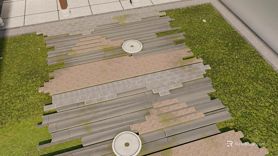 Gray And Brown Stone Slab Ground With Circular Decorative Elements And Green Lawn 3d model 