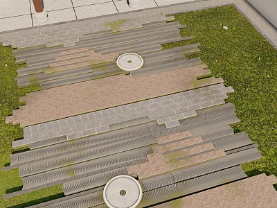 Gray And Brown Stone Slab Ground With Circular Decorative Elements And Green Lawn 3d model