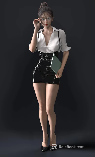 Woman In White Shirt And Black Leather Skirt Holding Green Notebook Against Dark Background 3d model 