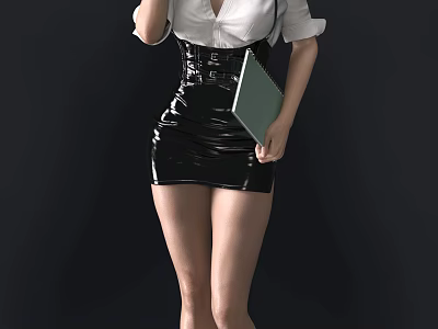 Woman In White Shirt And Black Leather Skirt Holding Green Notebook Against Dark Background 3d model