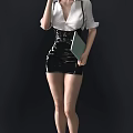 Woman In White Shirt And Black Leather Skirt Holding Green Notebook Against Dark Background