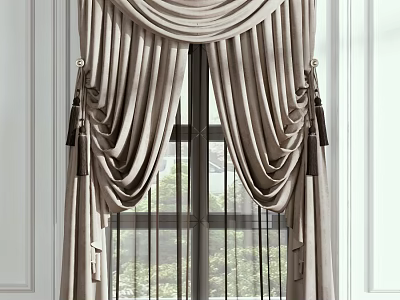 Elegant Beige Curtains With Swag Valance Tassel Tiebacks And Sheer Lining 3d model