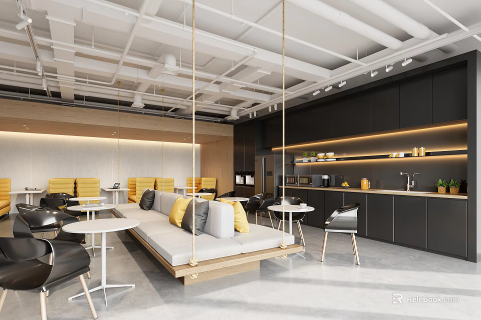 Modern Break Room With Swing Sofa Yellow Gray Cushions Black Cabinets Tables And Chairs 3d model 
