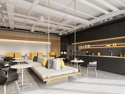 Modern Break Room With Swing Sofa Yellow Gray Cushions Black Cabinets Tables And Chairs 3d model
