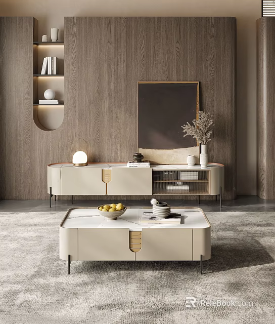 Modern Sleek TV Stand With Wooden Wall Mirror Decorative Vase Books And Lamp 3d model 