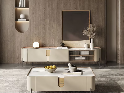 Modern Sleek TV Stand With Wooden Wall Mirror Decorative Vase Books And Lamp 3d model