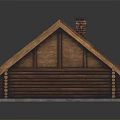 Log Cabin With Gray Sloped Roof Brick Chimney And Wooden Log Walls