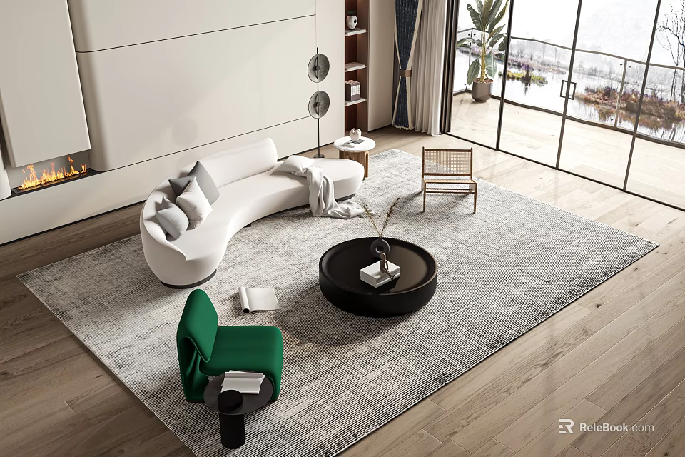 Modern Living Room With White Curved Sofa Black Round Coffee Table Green Chair And Area Rug 3d model 