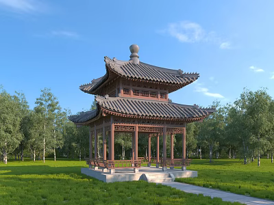 Traditional Chinese Pavilion In Green Grassland With Trees And Blue Sky 3d model