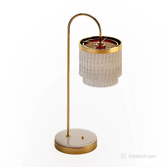 Elegant Modern Table Lamp With Golden Stand Round Base And Fringed Lampshade 3d model 