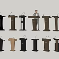 Various Modern Podiums With Different Designs And Man Standing At Central Podium