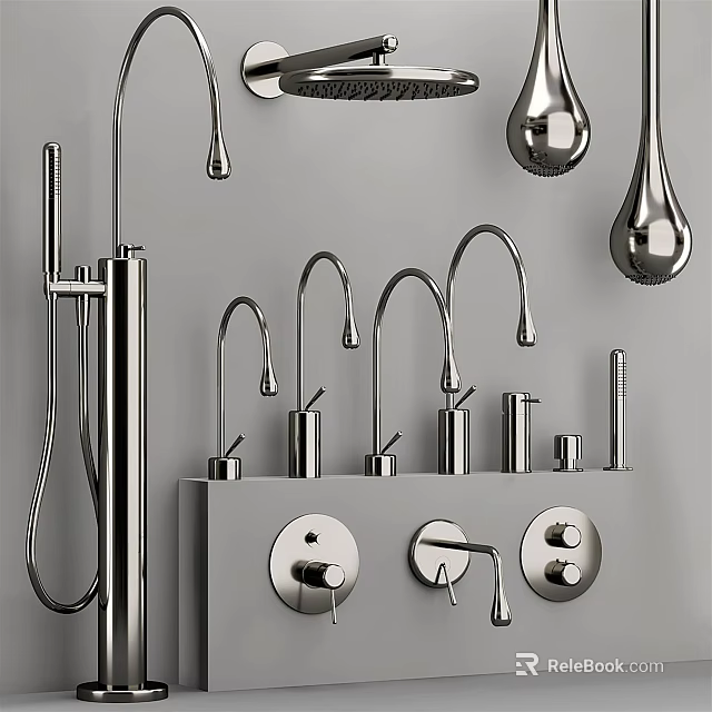Modern Chrome Bathroom And Kitchen Faucets With Sleek Design And Shower Heads 3d model 