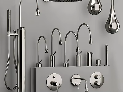 Modern Chrome Bathroom And Kitchen Faucets With Sleek Design And Shower Heads 3d model