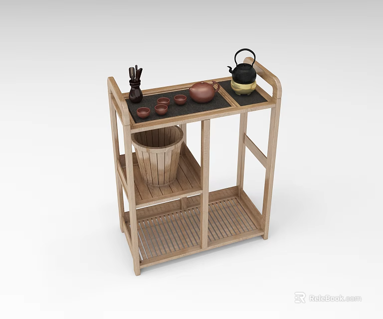 Commercial Wooden Tea Cart With Multiple Shelves And Tea Sets For Business Use 3d model 