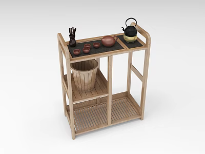 Commercial Wooden Tea Cart With Multiple Shelves And Tea Sets For Business Use 3d model