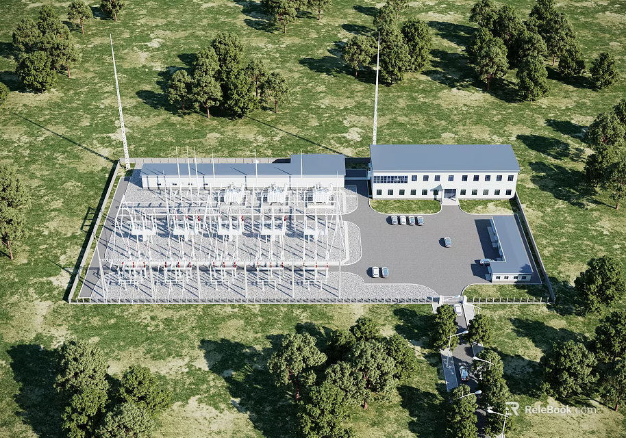Industrial Factory Complex With Multiple Buildings Parking Area And Green Trees 3d model 