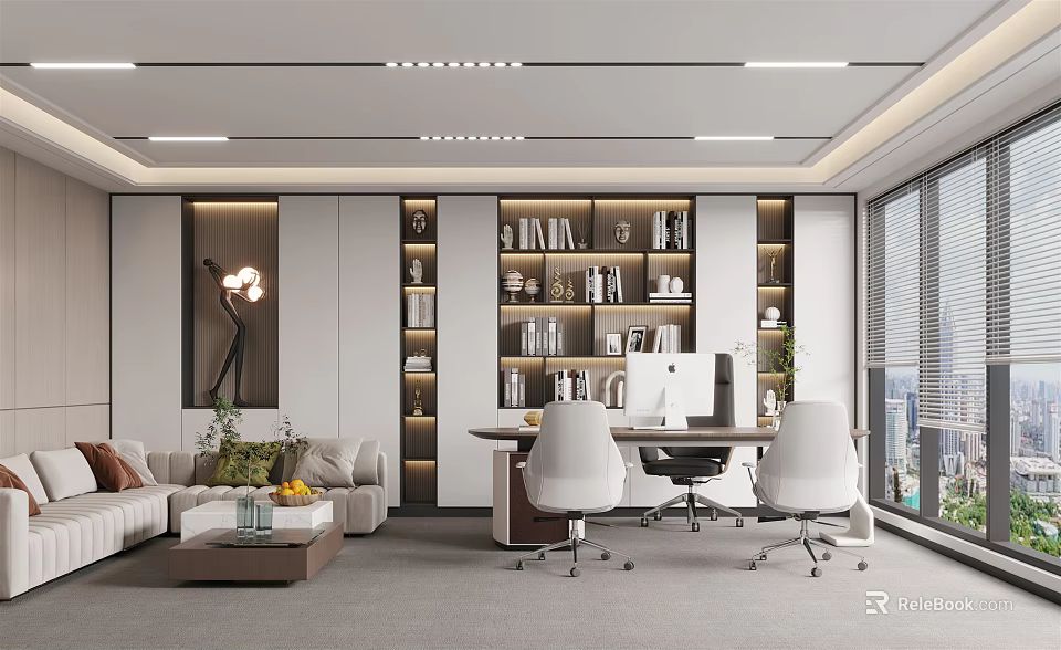 Modern Office Interior With Bookshelves Desk Computer Sofa And Large Windows City View 3d model 