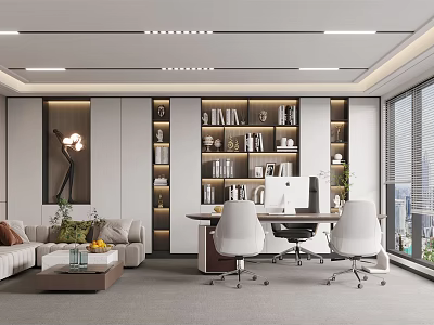 Modern Office Interior With Bookshelves Desk Computer Sofa And Large Windows City View 3d model