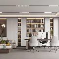 Modern Office Interior With Bookshelves Desk Computer Sofa And Large Windows City View
