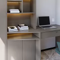 Modern Home Office Desk With Bookshelf Laptop Books Decorations And Green Chair