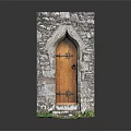 Rustic Stone Wall Entrance Gate With Arched Top Wooden Door And Green Plants