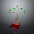 Decorative Potted Plant with Curved Trunk Green Leaves in Red Pot