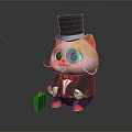 Cute Cat Game Movie Character With Top Hat Monocle Mustache And Black Suit Holding Briefcase