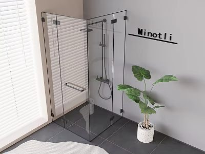 Modern Bathroom With Transparent Glass Shower Enclosure Featuring Chrome Shower Head And Green Plant 3d model