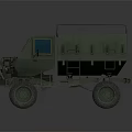 Military Green Truck with Open Cargo Bed Blue Windows Guard Rails and Large Tires