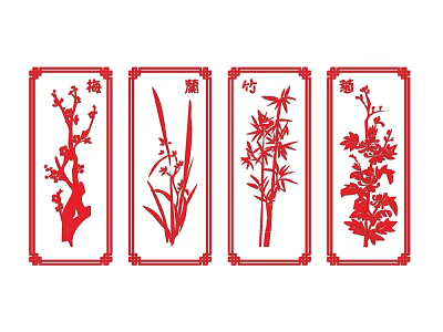 Traditional Plant Paintings Featuring Plum Orchid Bamboo Chrysanthemum in Red Paper Cut Style with Frames 3d model